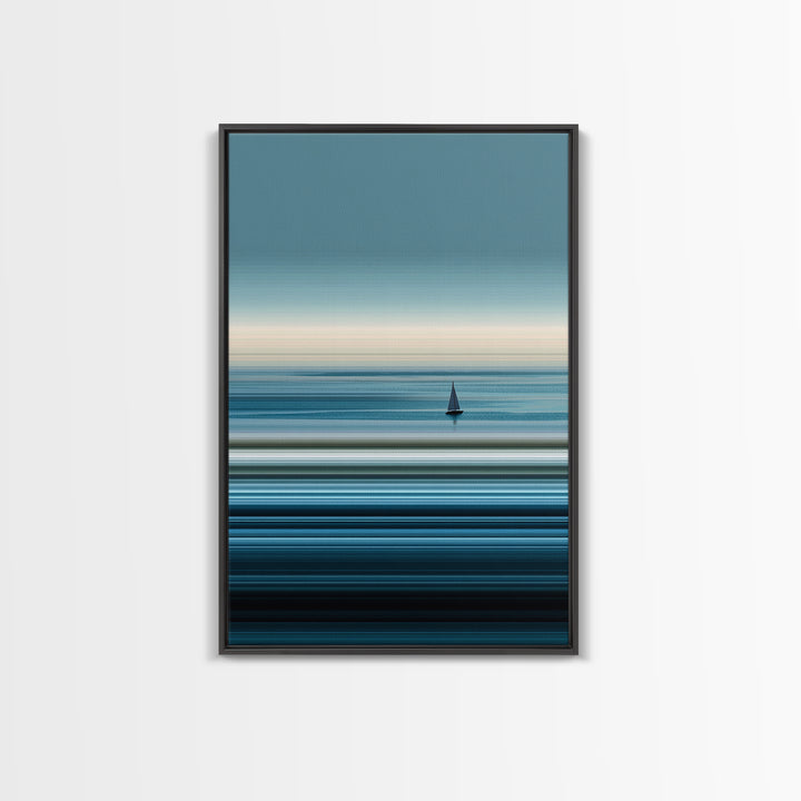 Minimalist Calm Sea Sailboat Canvas Print, Blue Horizontal Ocean Wall Art, Modern Coastal Decor, Serene Home Office Art Print