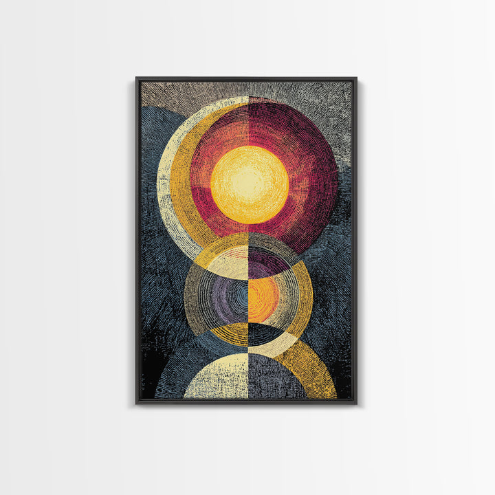Stacked Solar Circle Geometric Wall Art, Midcentury Modern Abstract Art Print, Bauhaus Inspired Canvas Print, Retro Decor