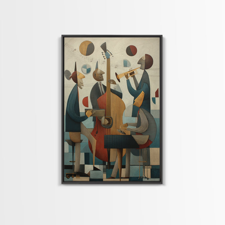 Cubist Jazz Trio With Upright Bass And Trumpet Wall Art, Midcentury Modern Art Print, Music Room Decor, Framed Canvas Print