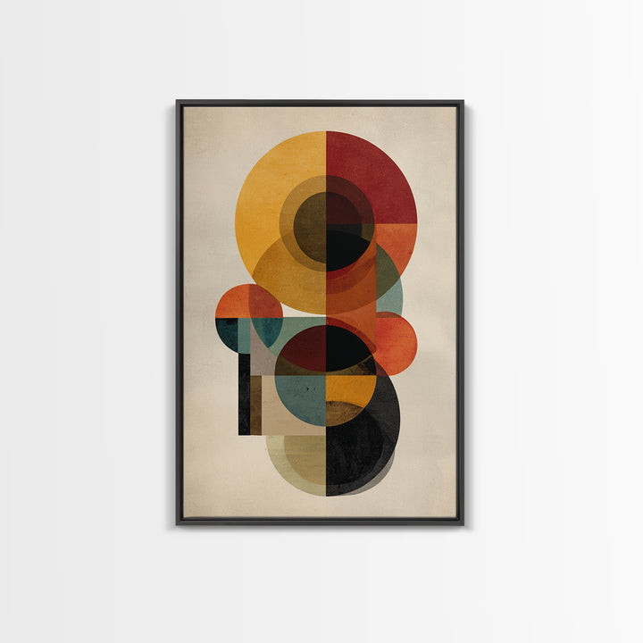 Ochre Red Teal Circle Abstract Framed Canvas Print, Midcentury Modern Wall Art, Geometric Bauhaus Home Decor Poster Print Gift