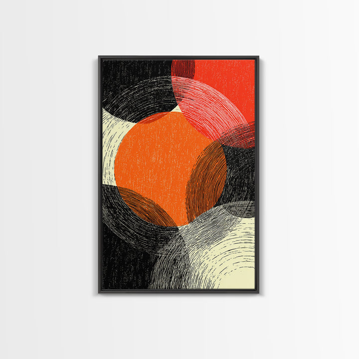 Orange Red Linear Circles Canvas Print, Midcentury Abstract Art, Retro Geometric Wall Decor, Bold Modern MCM Poster, Home Decor