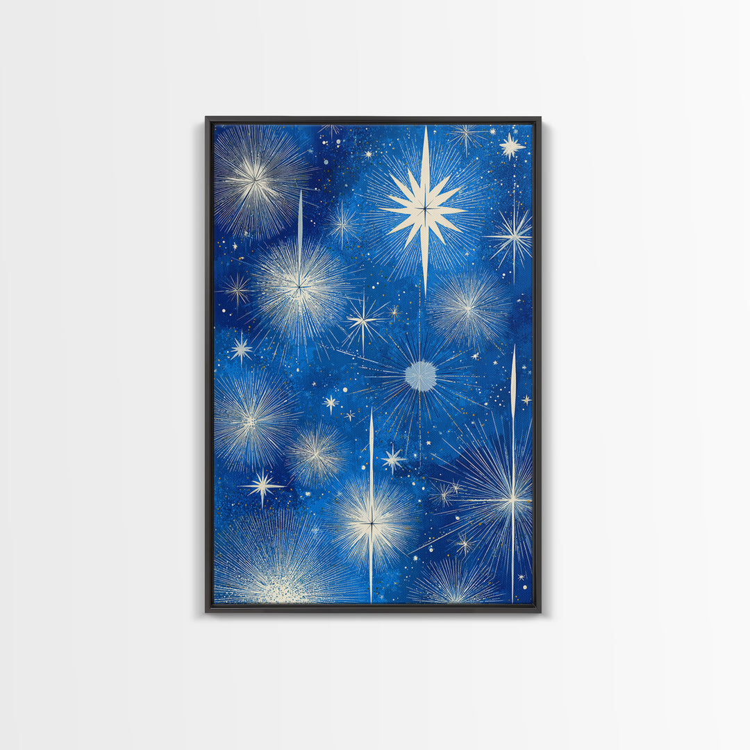 Blue Atomic Starburst Sky Wall Art, Midcentury Modern Celestial Print, Retro Space Poster, Minimalist MCM Home Decor, Blue And White