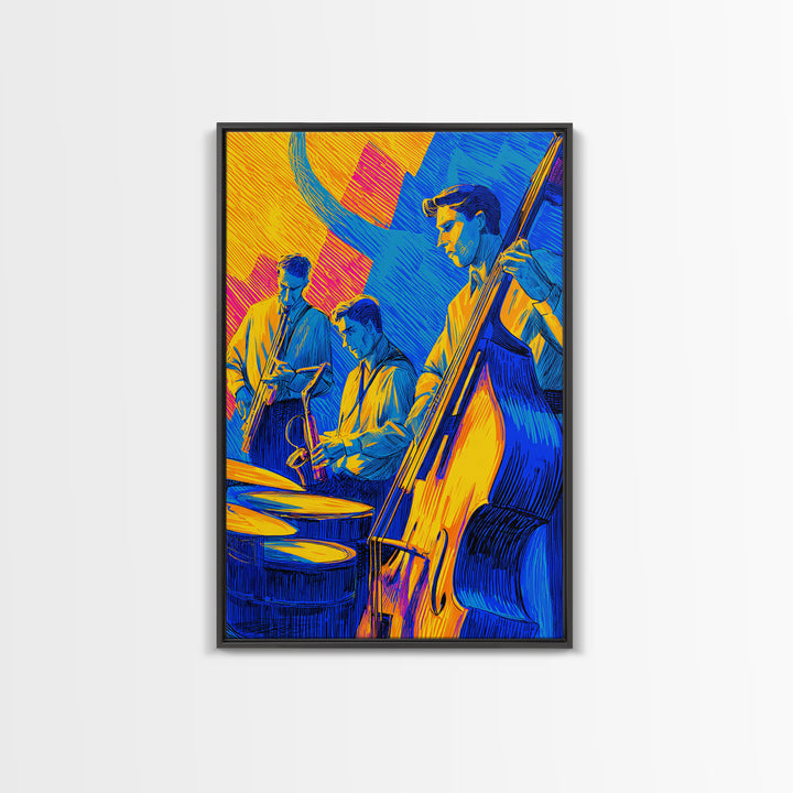 Neon Blue Yellow Jazz Trio Canvas Print, Bold Modern Wall Art, Colorful Music Poster, Midcentury Decor, Large Art Print Gift