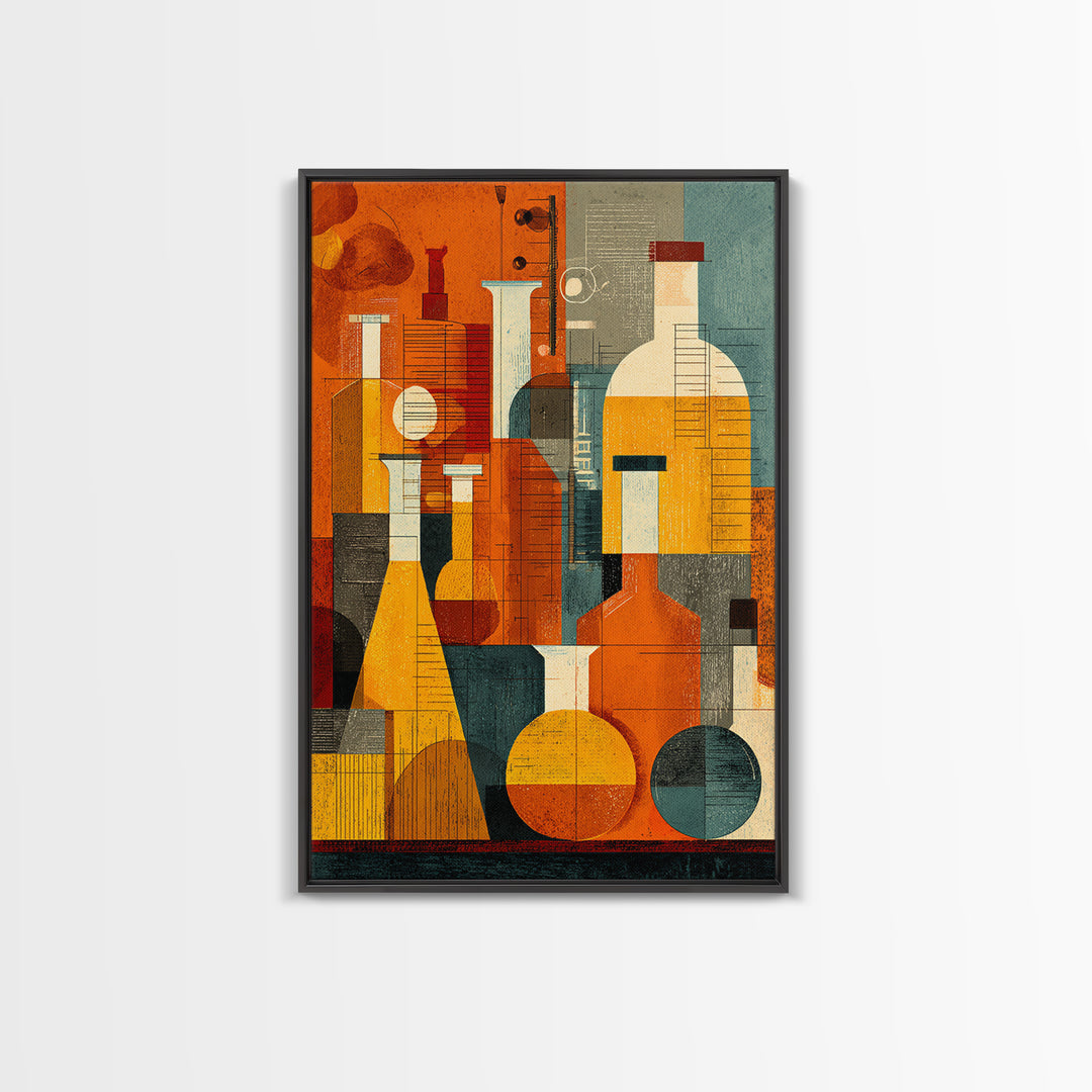 Abstract Chemistry Bottles Wall Art, Midcentury Modern Canvas Print, Atomic Science Poster, Orange Teal Office Decor, MCM Decor