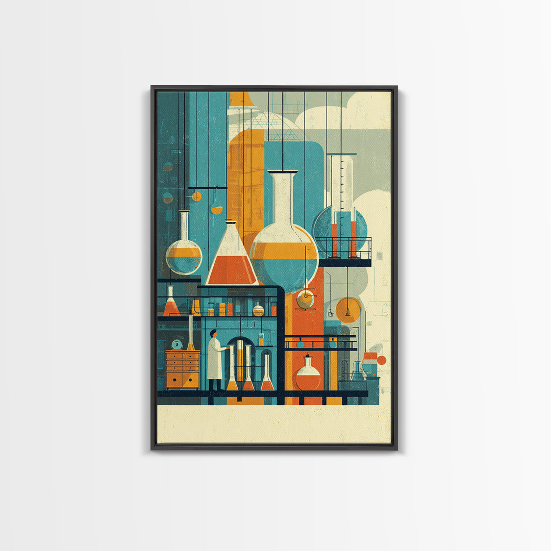 Towering Science Lab Glassware Wall Art, Midcentury Modern Canvas Print, Retro Chemistry Poster, Atomic Office Decor, MCM Art