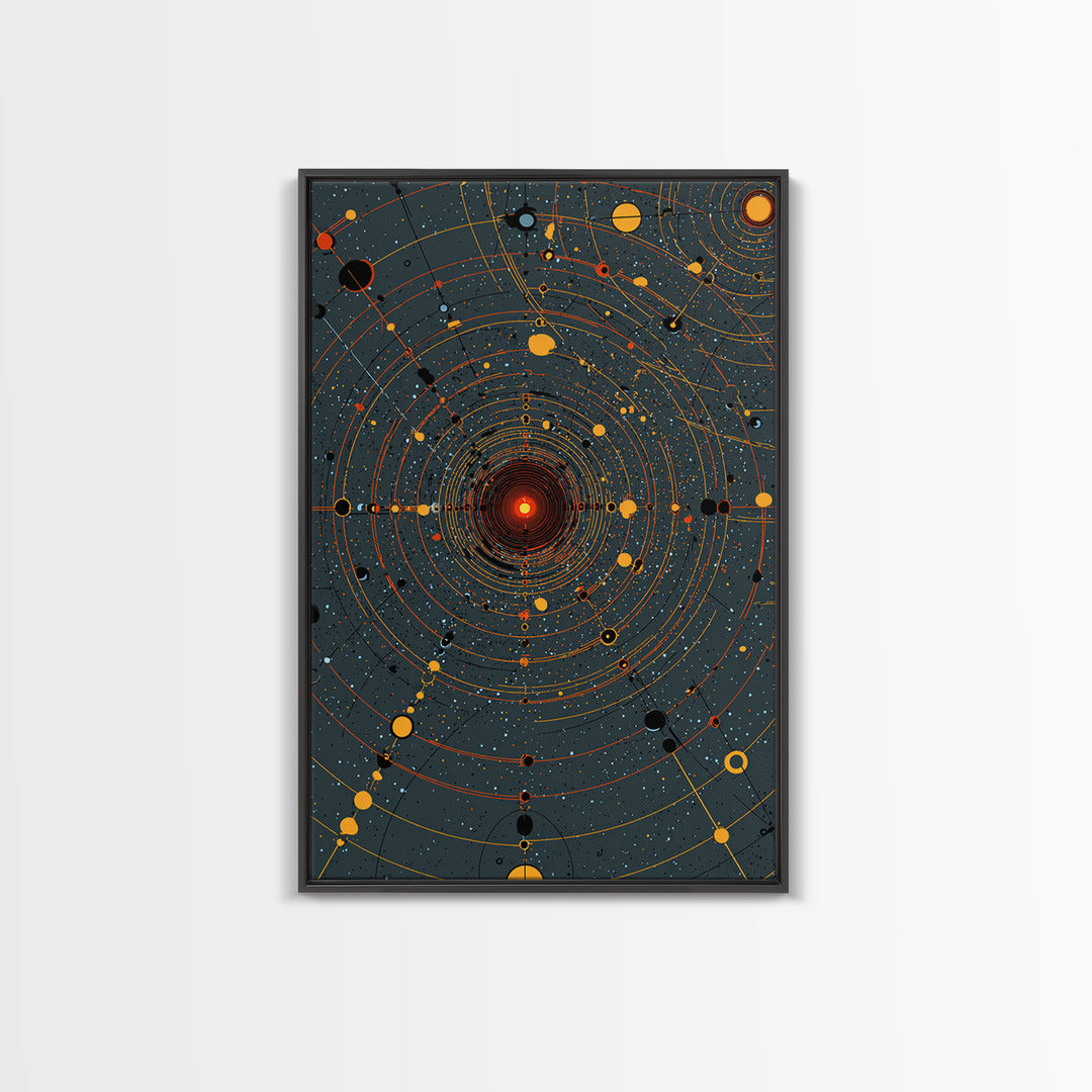 Orange Orbital Solar System Canvas Print, Midcentury Space Wall Art, Atomic Retro Poster, Modern Office Decor, Sci Fi Art