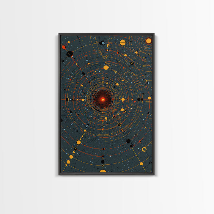 Orange Orbital Solar System Canvas Print, Midcentury Space Wall Art, Atomic Retro Poster, Modern Office Decor, Sci Fi Art