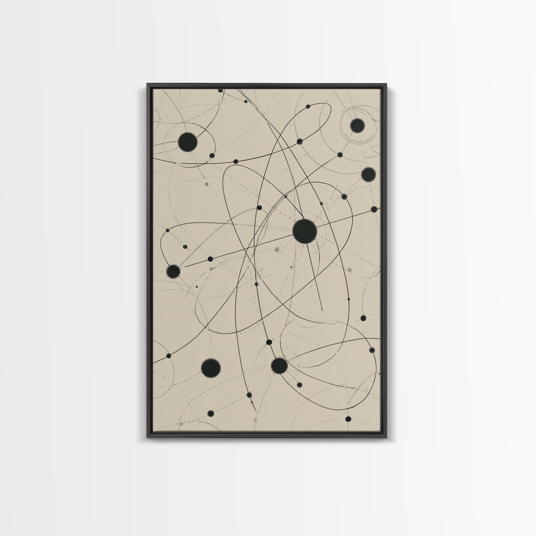 Beige Atomic Orbit Lines Canvas Print, Midcentury Modern Art Print, Geometric Wall Art, Retro Science Decor For Office Space