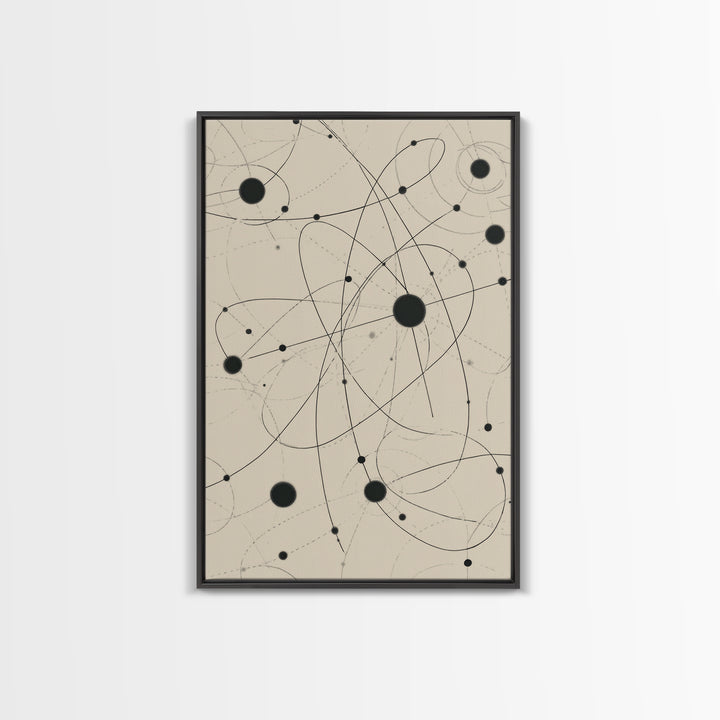 Beige Atomic Orbit Lines Canvas Print, Midcentury Modern Art Print, Geometric Wall Art, Retro Science Decor For Office Space