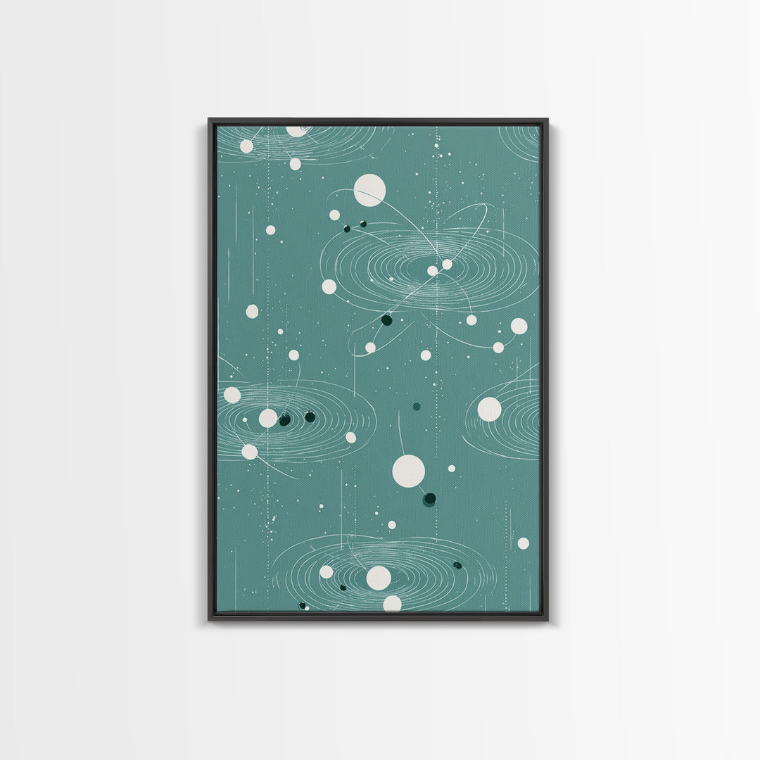 Teal Orbital Rings And Dots Wall Art, Midcentury Modern Abstract Art, Atomic Retro Poster, Space Decor For Living Room Decor
