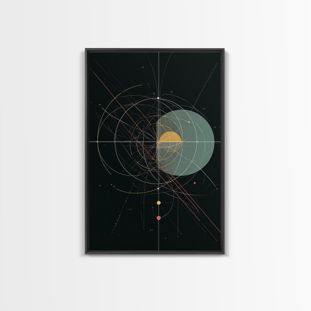 Black Celestial Geometry Diagram Canvas Print, Modern Abstract Art Print, Geometric Wall Art, Atomic Space Office Decor Poster