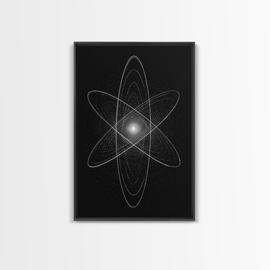 White Atomic Starburst On Black Framed Canvas Print, Modern Wall Art, Space Abstract Art, Science Poster For Home Office