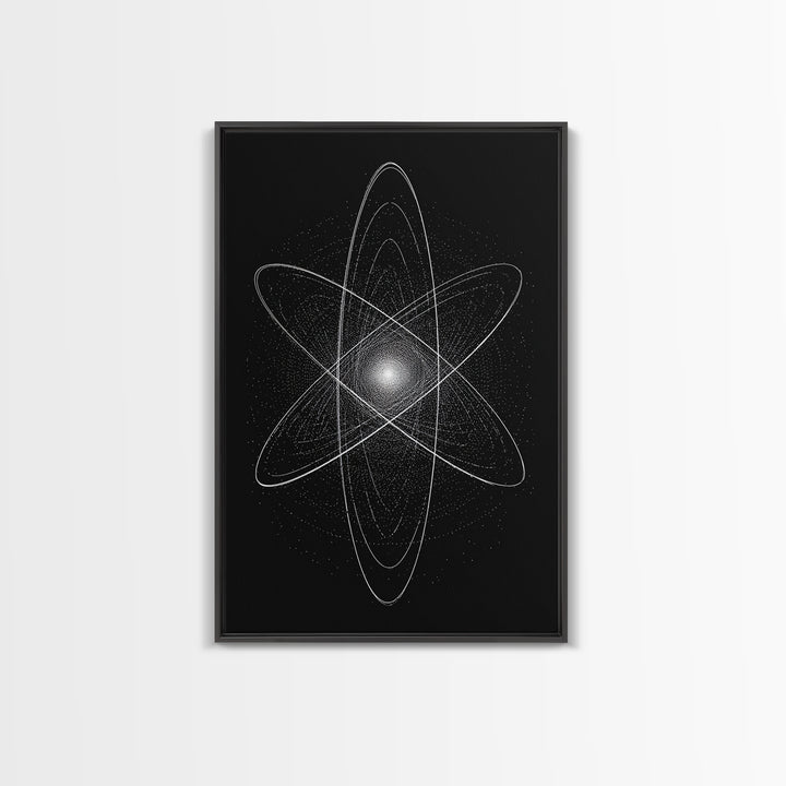 White Atomic Starburst On Black Framed Canvas Print, Modern Wall Art, Space Abstract Art, Science Poster For Home Office
