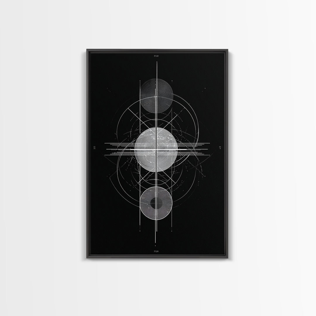Monochrome Planet Alignment Diagram Wall Art, Modern Geometric Art Print, Midcentury Atomic Decor, Black Space Poster Print