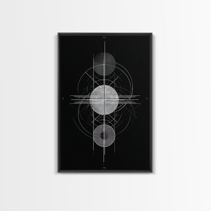 Monochrome Planet Alignment Diagram Wall Art, Modern Geometric Art Print, Midcentury Atomic Decor, Black Space Poster Print