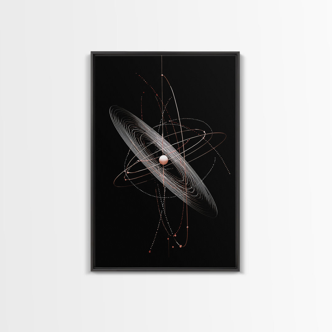 Black Ringed Planet Orbit Lines Canvas Print, Modern Geometric Wall Art, Atomic Retro Decor, Space Poster For Bedroom Decor