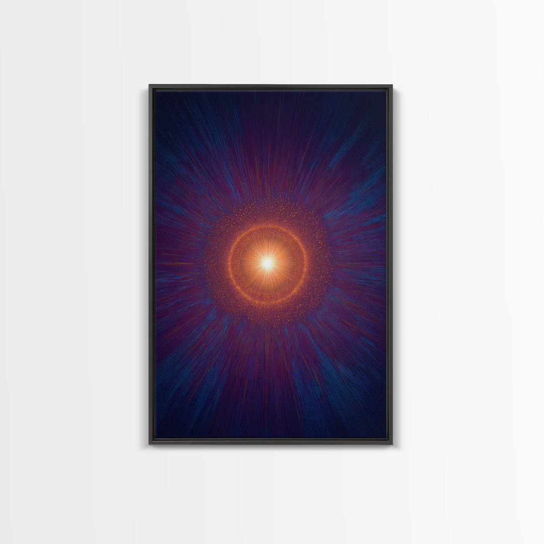 Radiant Orange Cosmic Halo With Blue Purple Rays Wall Art, Midcentury Modern Art, Abstract Space Poster, Mcm Wall Decor Print