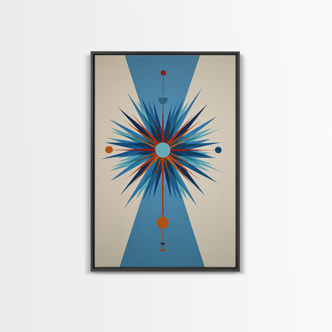 Blue Orange Atomic Starburst On Beige Canvas Print, Midcentury Modern Art, Geometric Wall Art, Retro Mcm Home Decor, 50s Art Print
