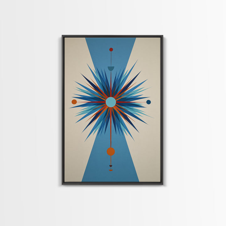Blue Orange Atomic Starburst On Beige Canvas Print, Midcentury Modern Art, Geometric Wall Art, Retro Mcm Home Decor, 50s Art Print