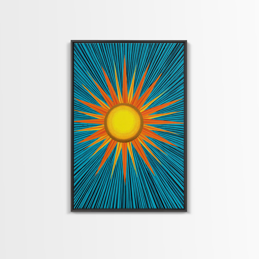 Bright Yellow Sunburst With Turquoise Rays Wall Art, Midcentury Sun, Modern Abstract Art, Retro Pop Art Poster Print, Living Room Decor