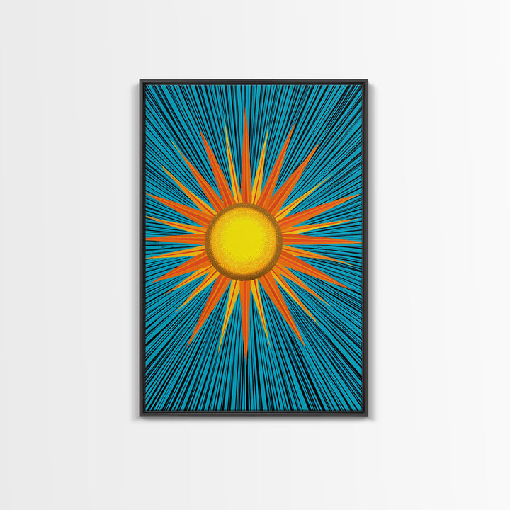 Bright Yellow Sunburst With Turquoise Rays Wall Art, Midcentury Sun, Modern Abstract Art, Retro Pop Art Poster Print, Living Room Decor