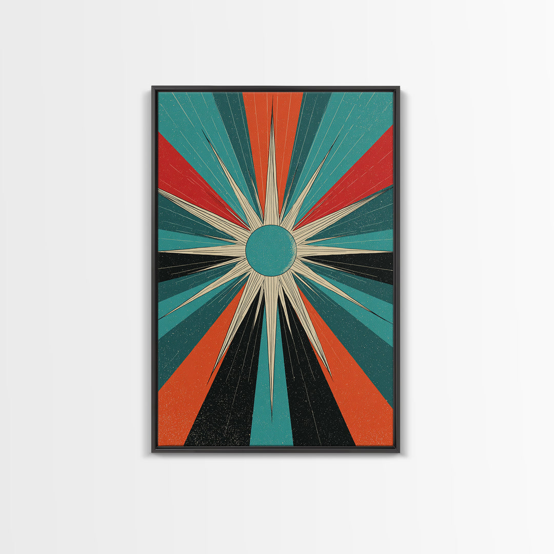 Teal Orange Retro Compass Starburst Framed Canvas Print, Midcentury Wall Art, Geometric Abstract, Atomic Mcm Wall Decor Print