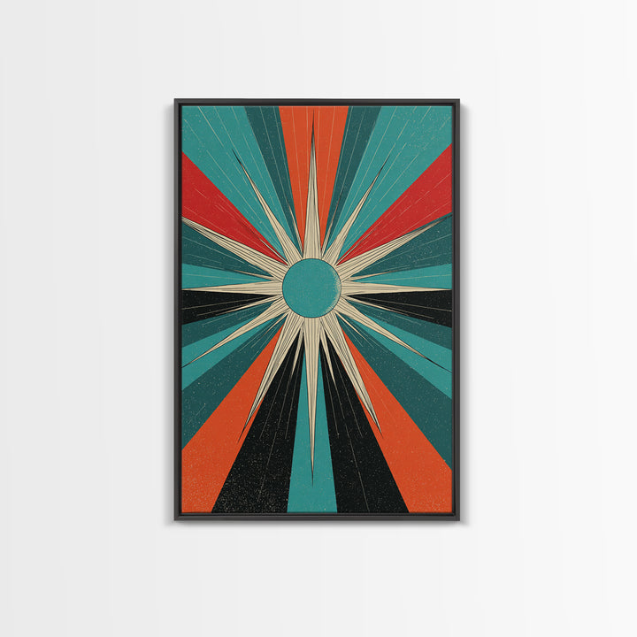 Teal Orange Retro Compass Starburst Framed Canvas Print, Midcentury Wall Art, Geometric Abstract, Atomic Mcm Wall Decor Print