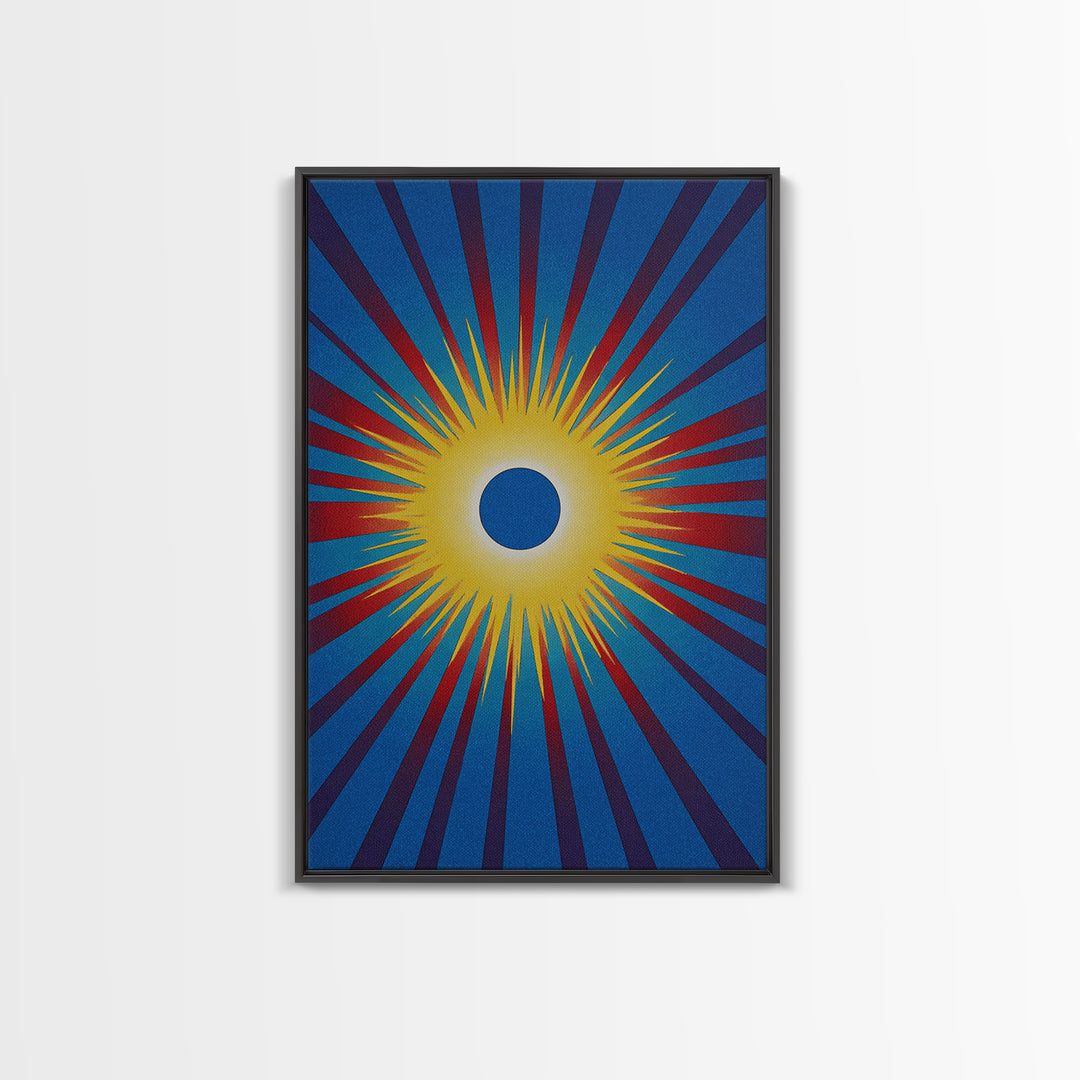 Blue Eclipse Sun With Yellow Burst Wall Art, Midcentury Modern, Space Abstract Art, Retro Poster, Bold Mcm Wall Decor Print