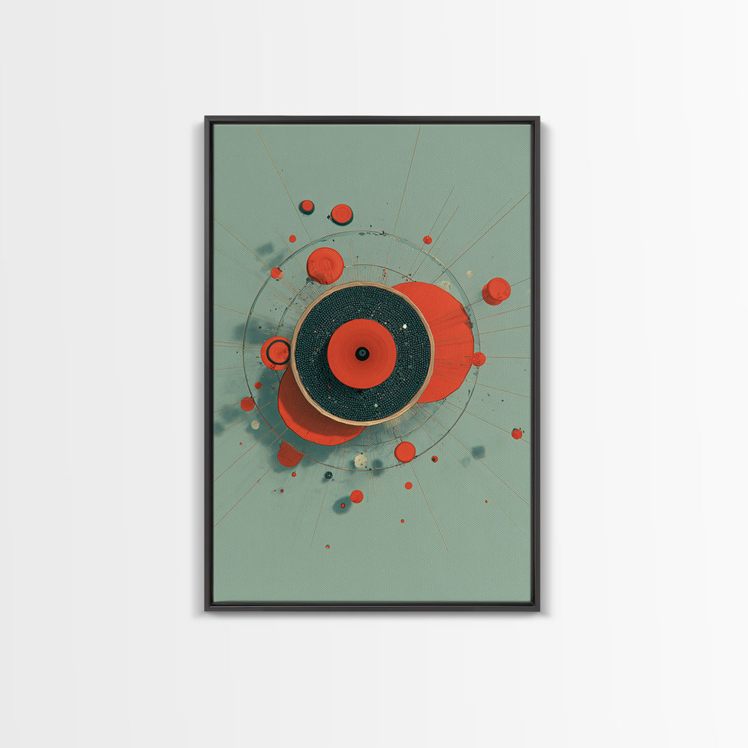 Red Teal Circular Planet Orbit Abstraction Framed Canvas Print, Modern Contemporary Art, Geometric Wall Art, Retro Home Decor