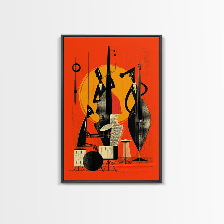 Orange Midcentury Jazz Musicians, Canvas Print, Mid Century Modern Wall Decor, Atomic Abstract Art Poster, Bold Mcm Artwork