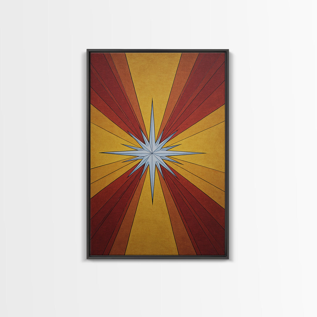 Red Gold Compass Star Canvas Print, Midcentury Modern Art, Atomic Retro Poster, Geometric Wall Decor, 1960s MCM Print Gift