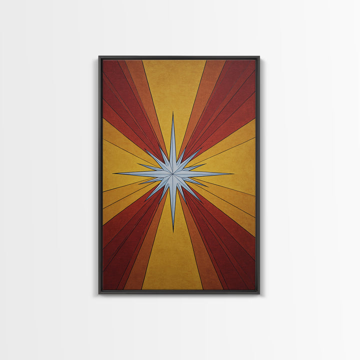 Red Gold Compass Star Canvas Print, Midcentury Modern Art, Atomic Retro Poster, Geometric Wall Decor, 1960s MCM Print Gift
