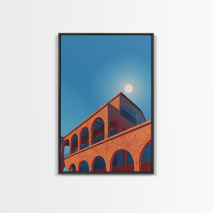 Terracotta Arcade With White Sun Wall Art, Modern Architectural Art, Palm Springs Decor, Orange Blue Travel Poster, MCM Print