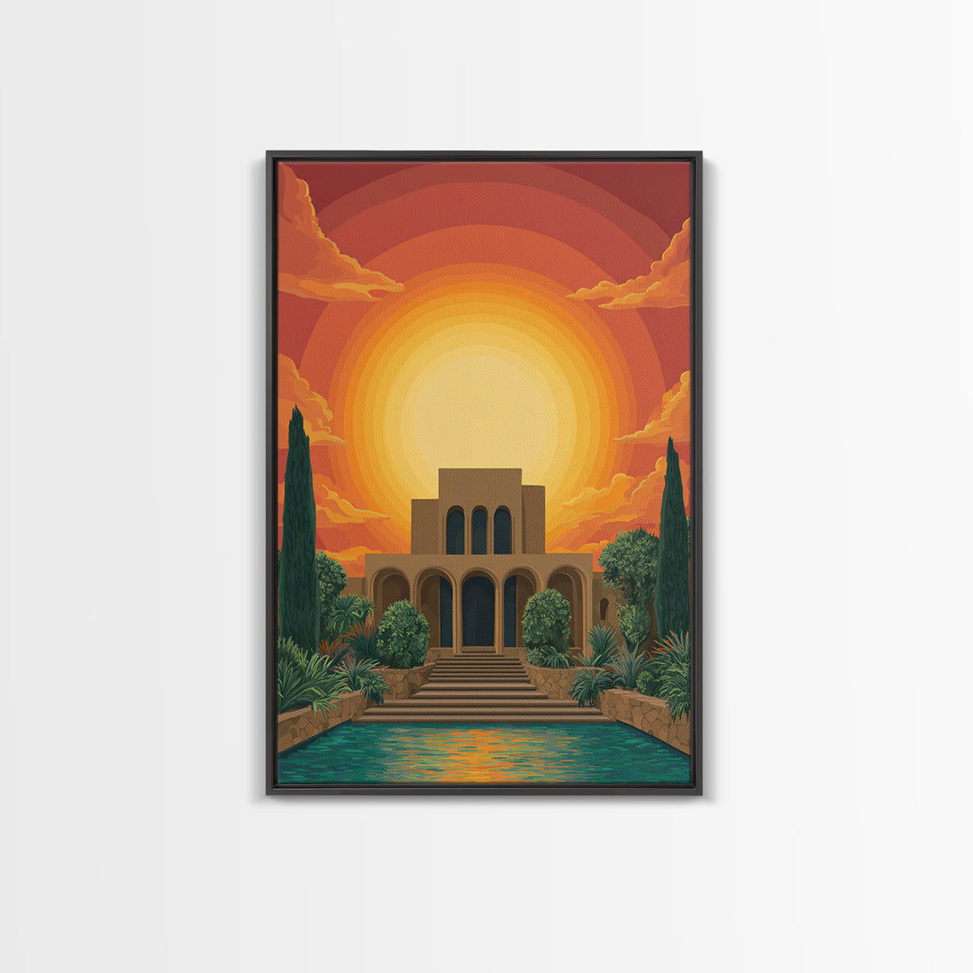 Art Deco Villa Sunset Canvas Print, Midcentury Modern Wall Art, Orange Sun Poster, Tropical Garden Living Room Decor Print