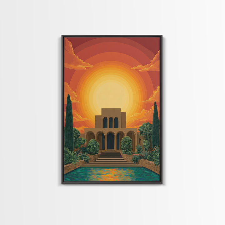 Art Deco Villa Sunset Canvas Print, Midcentury Modern Wall Art, Orange Sun Poster, Tropical Garden Living Room Decor Print