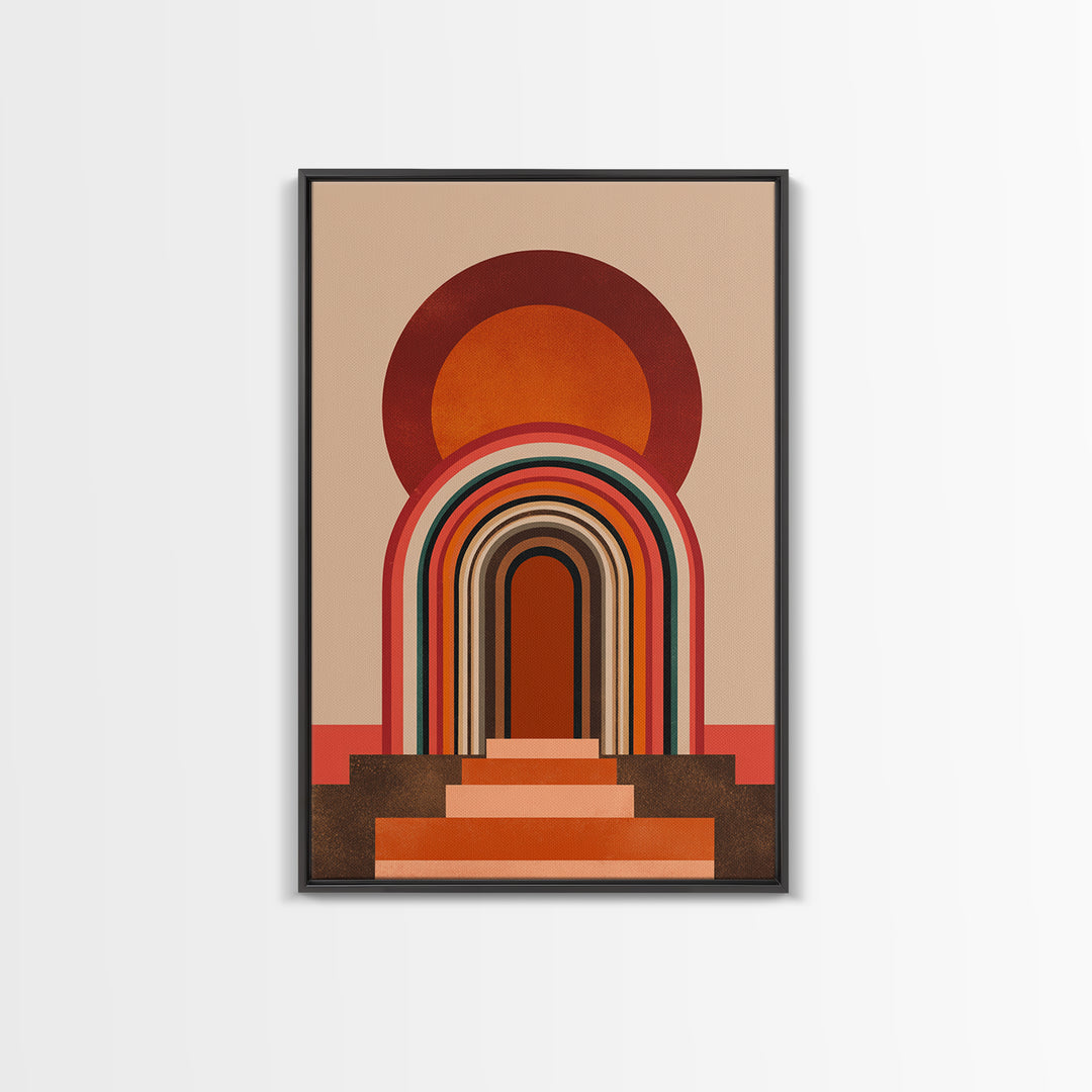 Layered Rainbow Arch Doorway Wall Art, Midcentury Abstract Poster, Geometric Wall Decor, 70s Art Print, Warm Orange MCM Style