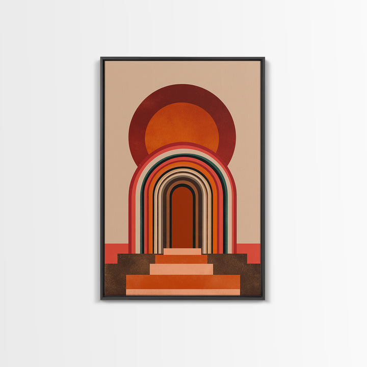 Layered Rainbow Arch Doorway Wall Art, Midcentury Abstract Poster, Geometric Wall Decor, 70s Art Print, Warm Orange MCM Style