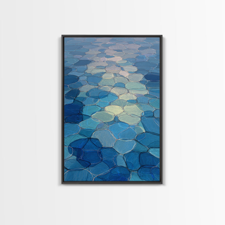Blue Mosaic Water Path, Framed Canvas Print, Abstract Wall Art, Coastal Modern Decor, Calm Geometric Art For Bedroom And Home