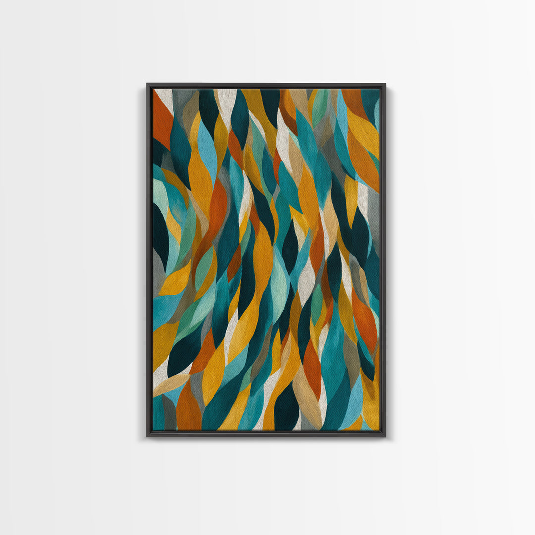 Layered Teal Mustard Leaf Abstract Wall Art, Mid Century Modern Canvas Print, Retro Geometric Statement Living Room Decor