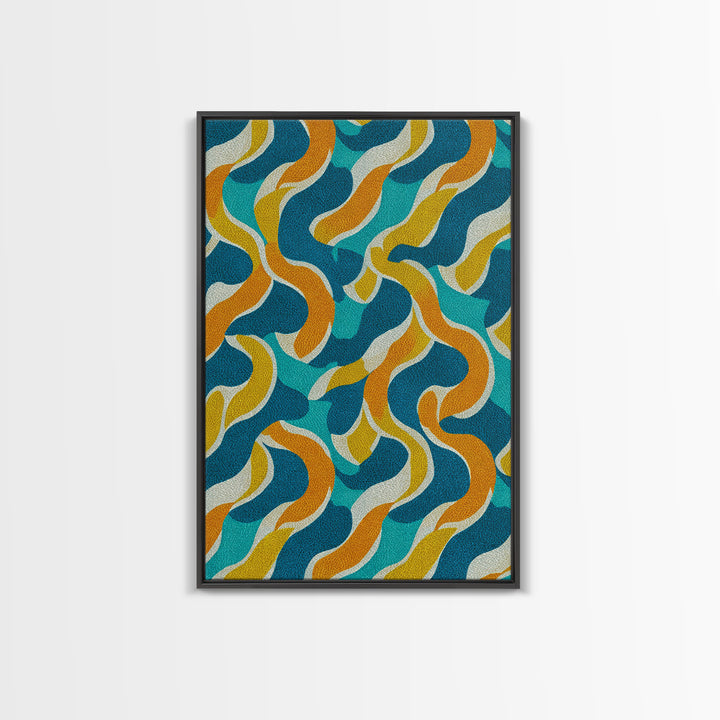 Wavy Teal Gold Ribbon Abstract Wall Art, Mid Century Modern Canvas Print, Retro Geometric Pattern Bedroom Living Room Decor