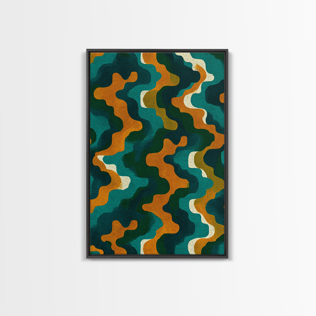 Organic Teal Orange Wave Abstract Wall Art, Mid Century Modern Canvas Print, Retro Groovy Funky Pattern Living Room Decor