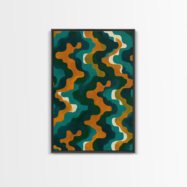 Organic Teal Orange Wave Abstract Wall Art, Mid Century Modern Canvas Print, Retro Groovy Funky Pattern Living Room Decor