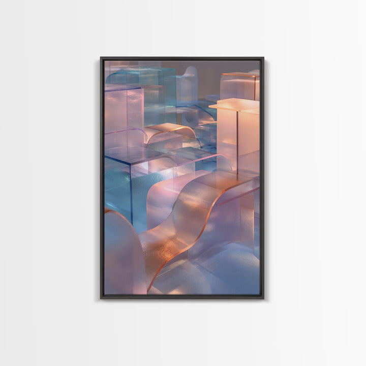 Pastel Glass City Blocks, Canvas Print, Modern Abstract Art, Architectural Wall Decor, Soft Blue Pink Home Office Artwork