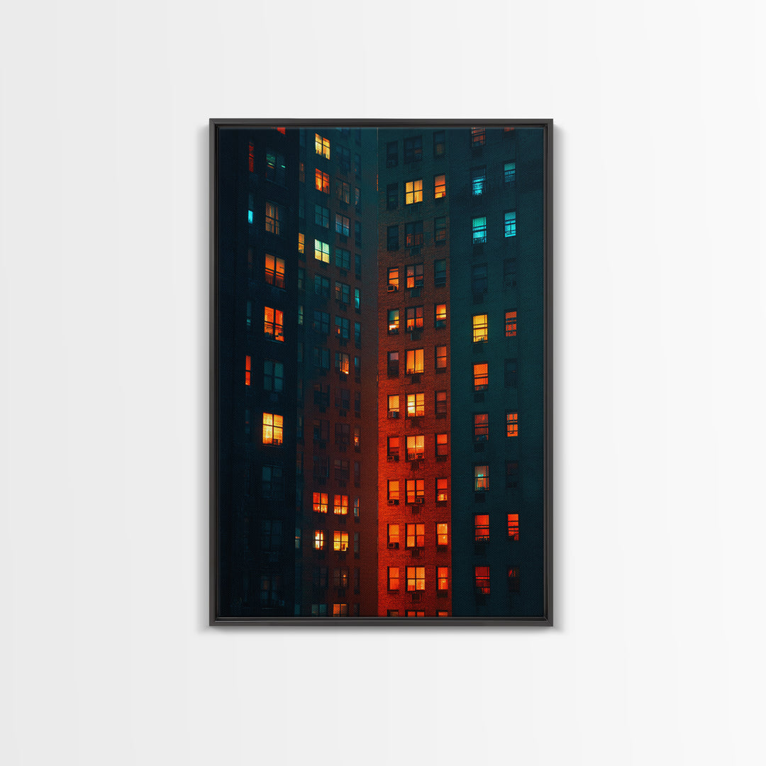 Glowing Apartment Windows Wall Art, Urban Night Photography Print, Modern Wall Decor, Cityscape Poster For Loft Living Room