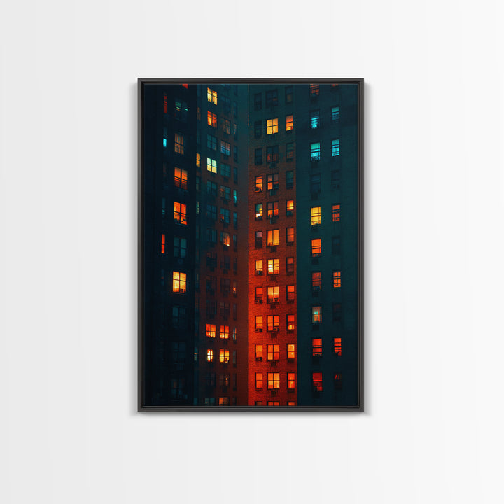 Glowing Apartment Windows Wall Art, Urban Night Photography Print, Modern Wall Decor, Cityscape Poster For Loft Living Room