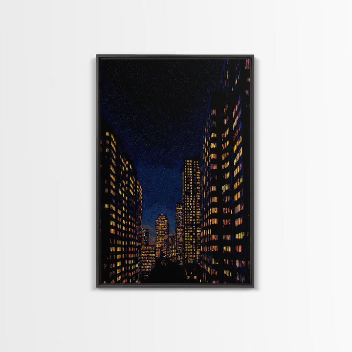 Starry City Street Canvas Print, Night Skyline Between Tall Buildings, Modern Wall Art Decor, Urban Poster For Home Office