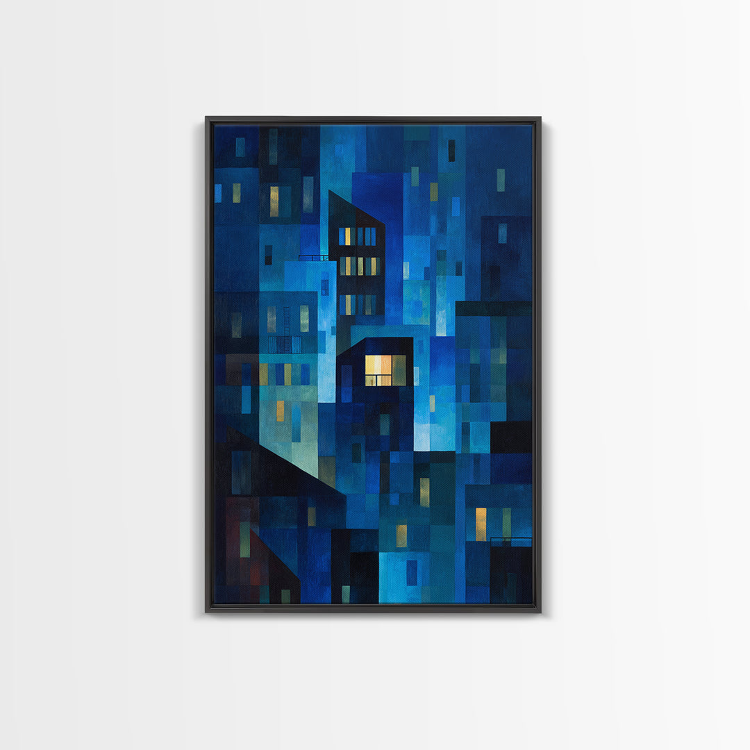 Abstract Blue City Blocks Wall Art, Geometric Night Buildings Print, Midcentury Modern Decor, Contemporary Living Room Art