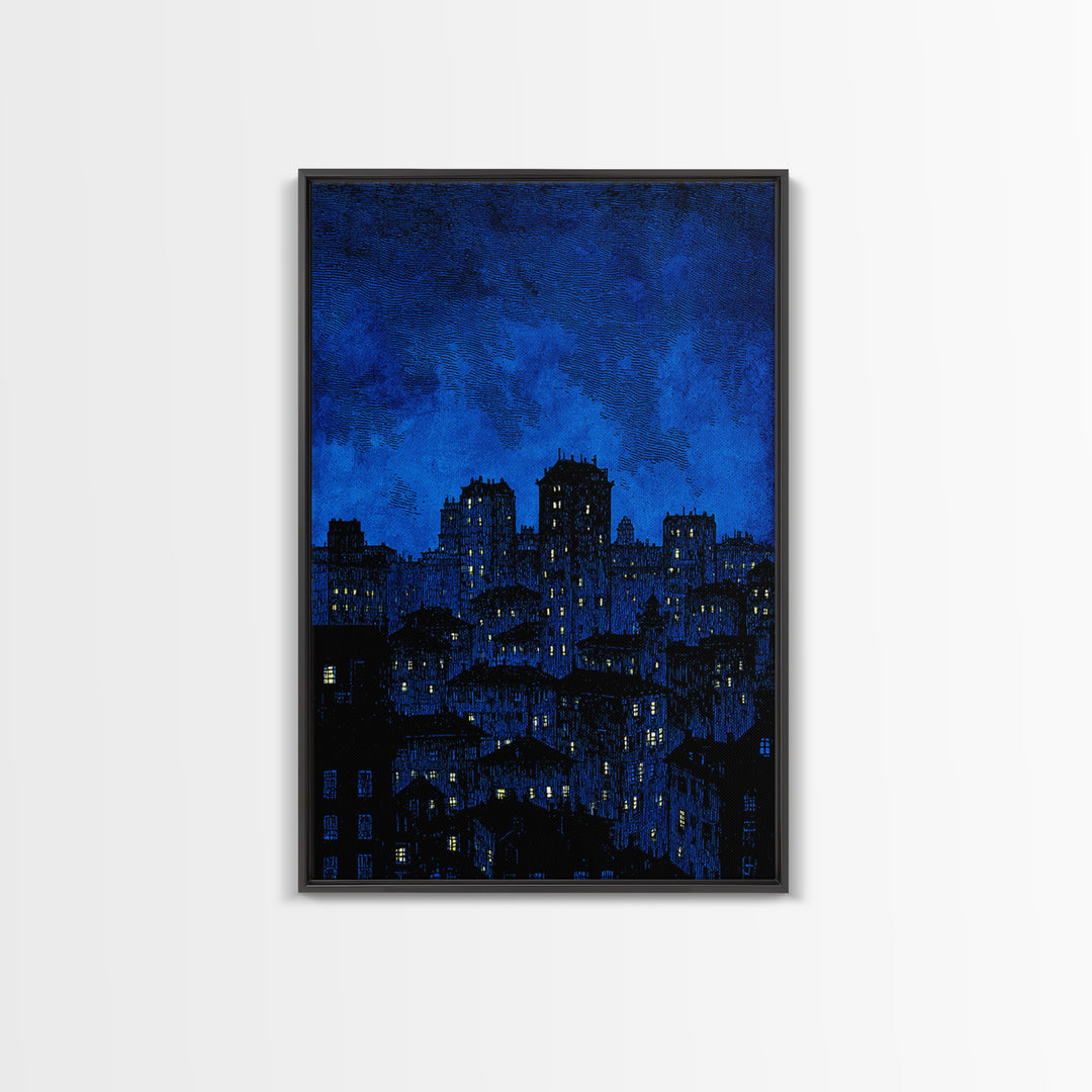 Indigo Linocut Cityscape Canvas Print, Night Skyline Wall Art, Blue Modern Art Print, Urban Home Office Decor Poster Gift