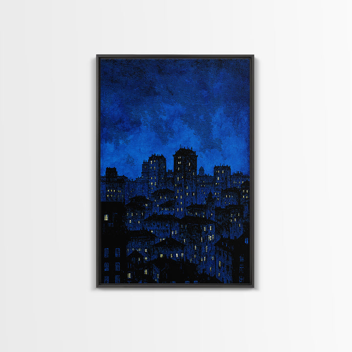 Indigo Linocut Cityscape Canvas Print, Night Skyline Wall Art, Blue Modern Art Print, Urban Home Office Decor Poster Gift