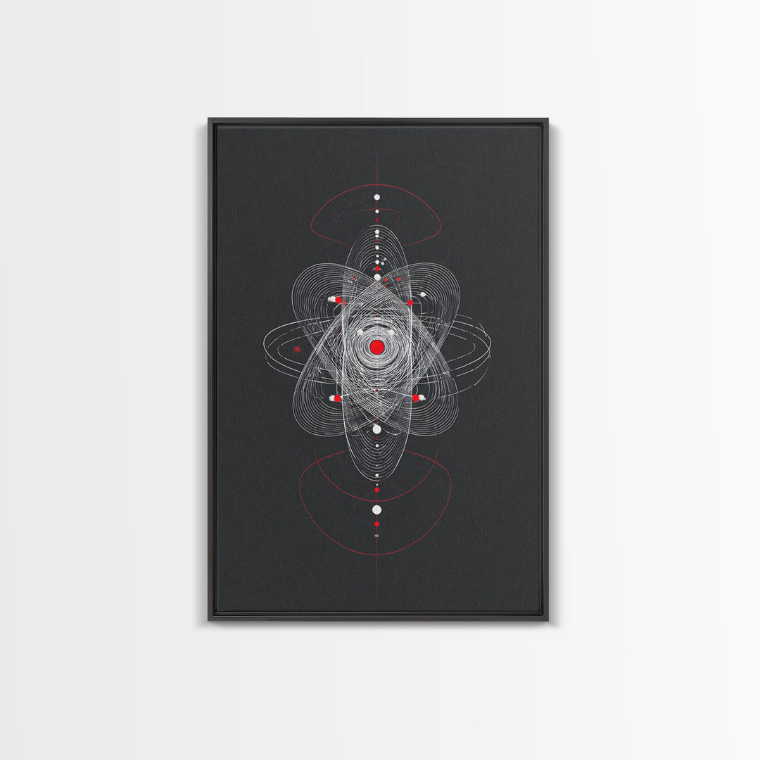 Atomic Orbit Geometry Wall Art, Red White Abstract Line Print, Midcentury Modern Decor, Space Sci Fi Poster For Office Studio